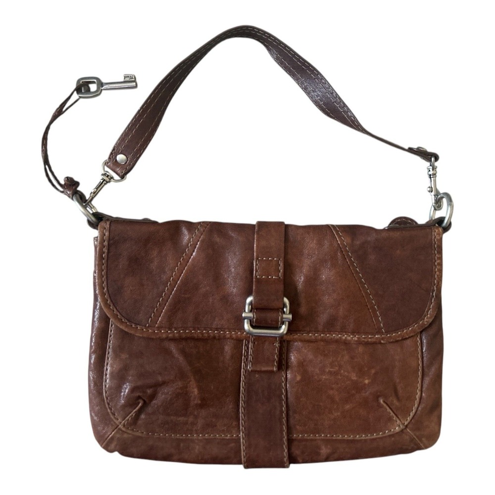 FOSSIL BROWN STAIN WEATHERED LEATHER SHOULDER BAG WITH KEY VINTAGE LIGHTWEIGHT